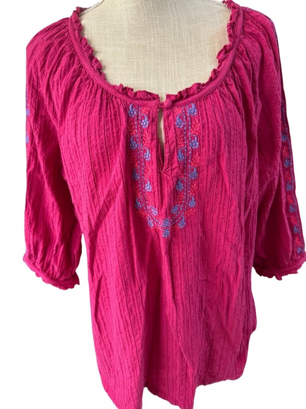 Artisan Collection Pink Peasant Blouse W/Embroidered Details & 3/4 Sleeve 18/20